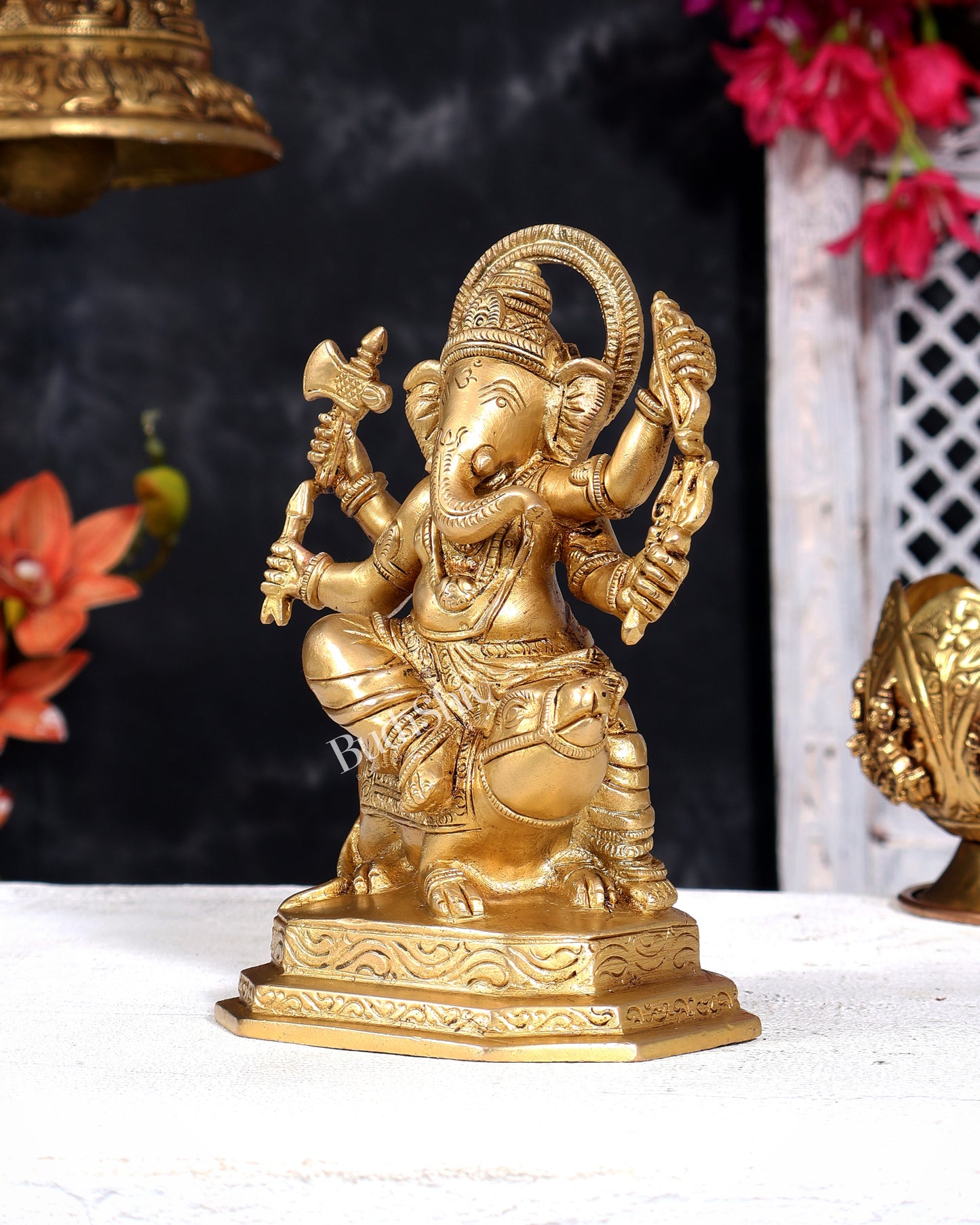 Brass Ganesha Sitting on Mooshak (Mouse) Statue — Unique Form 6 inch