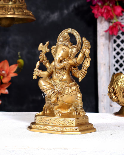 Brass Ganesha Sitting on Mooshak (Mouse) Statue — Unique Form 6 inch