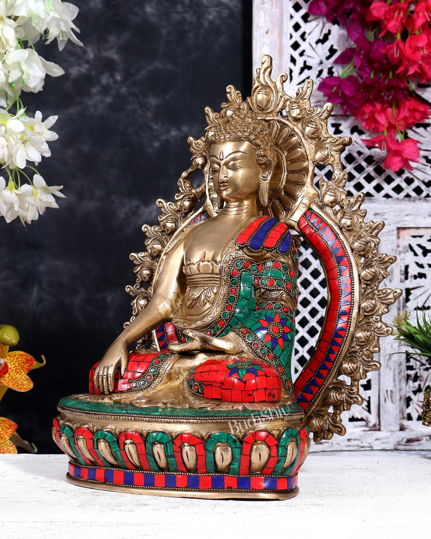 Brass Tibetan Buddha with Stonework on Throne with Aura 14.5 inch