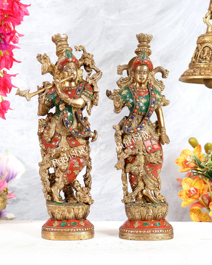 Brass Radha Krishna Statues 14 inch with meenakari