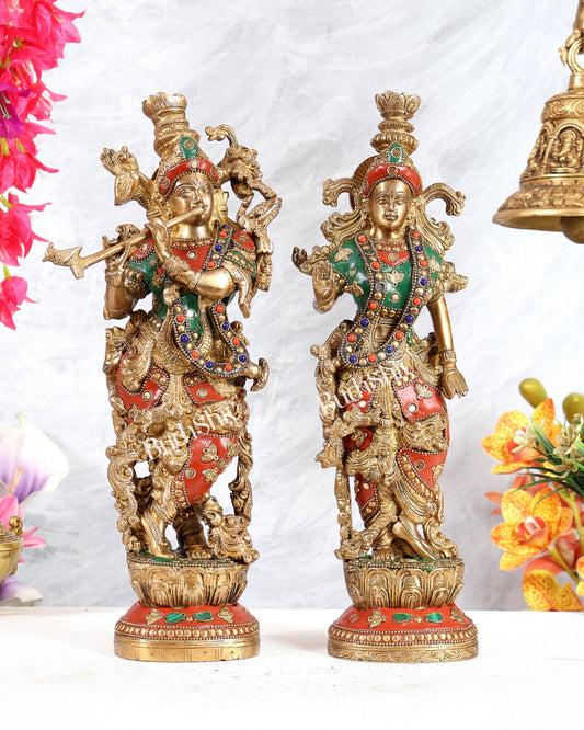Brass Radha Krishna Statues 14 inch with meenakari
