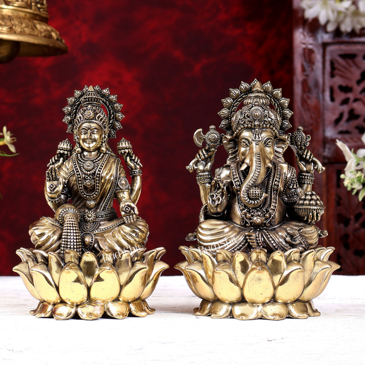 Brass Superfine Ganesh Lakshmi Idols Cross-Legged on Lotus Base 5 inch