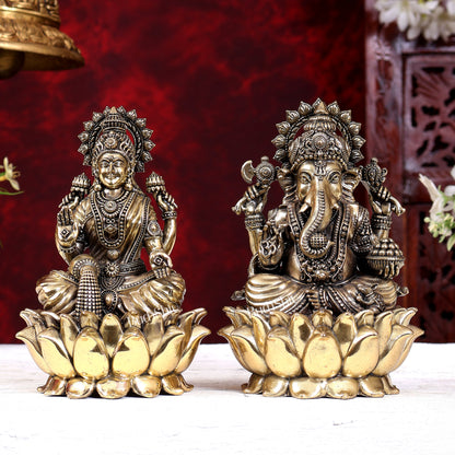 Brass Superfine Ganesh Lakshmi Idols Cross-Legged on Lotus Base 5 inch