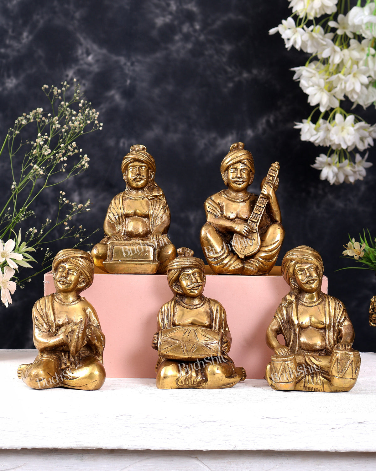 Pure Brass Rajasthani Musicians – Set of 5 pcs matte gold
