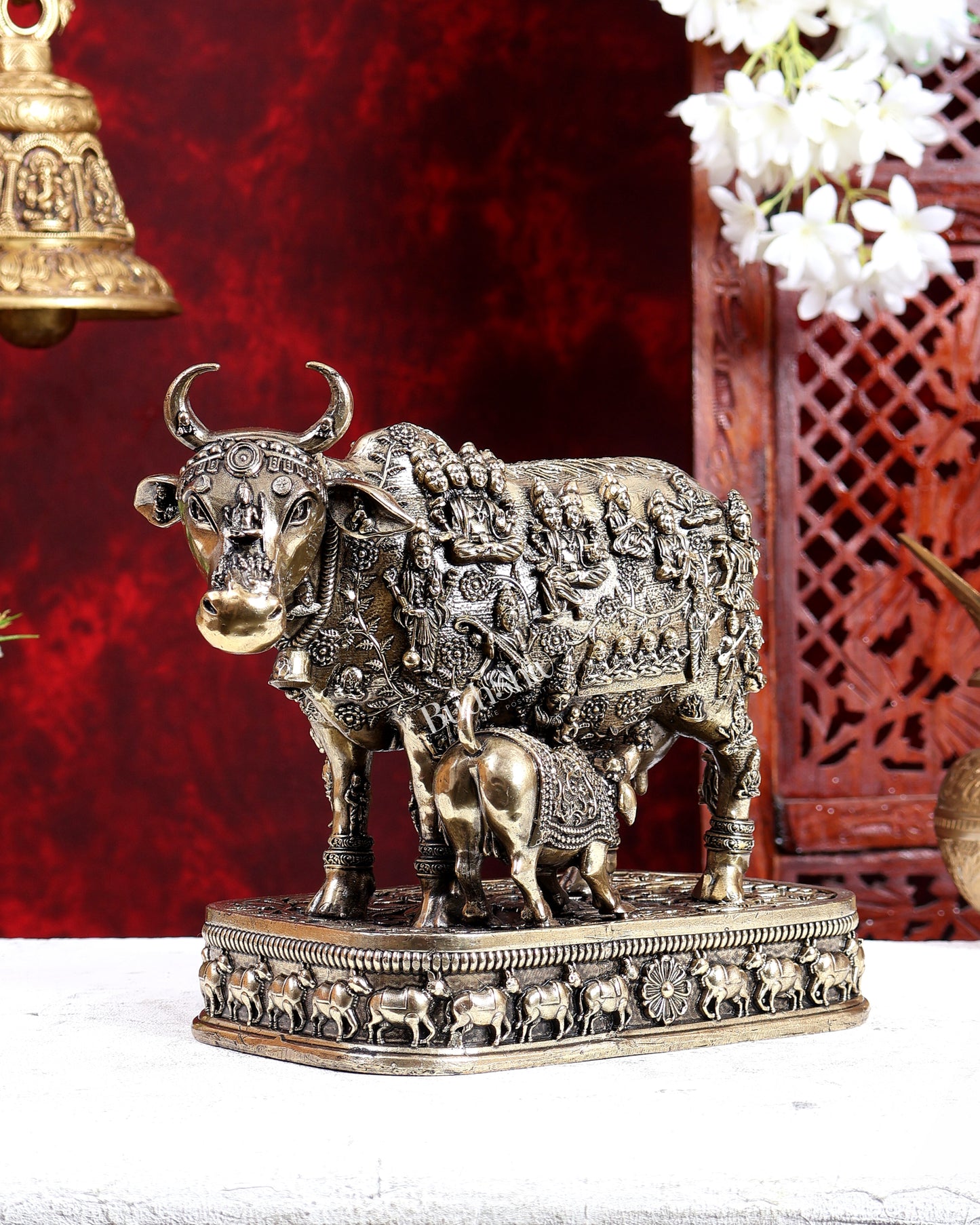 Brass Kamdhenu with Calf – All Gods Engraved Divine Idol 8 inch