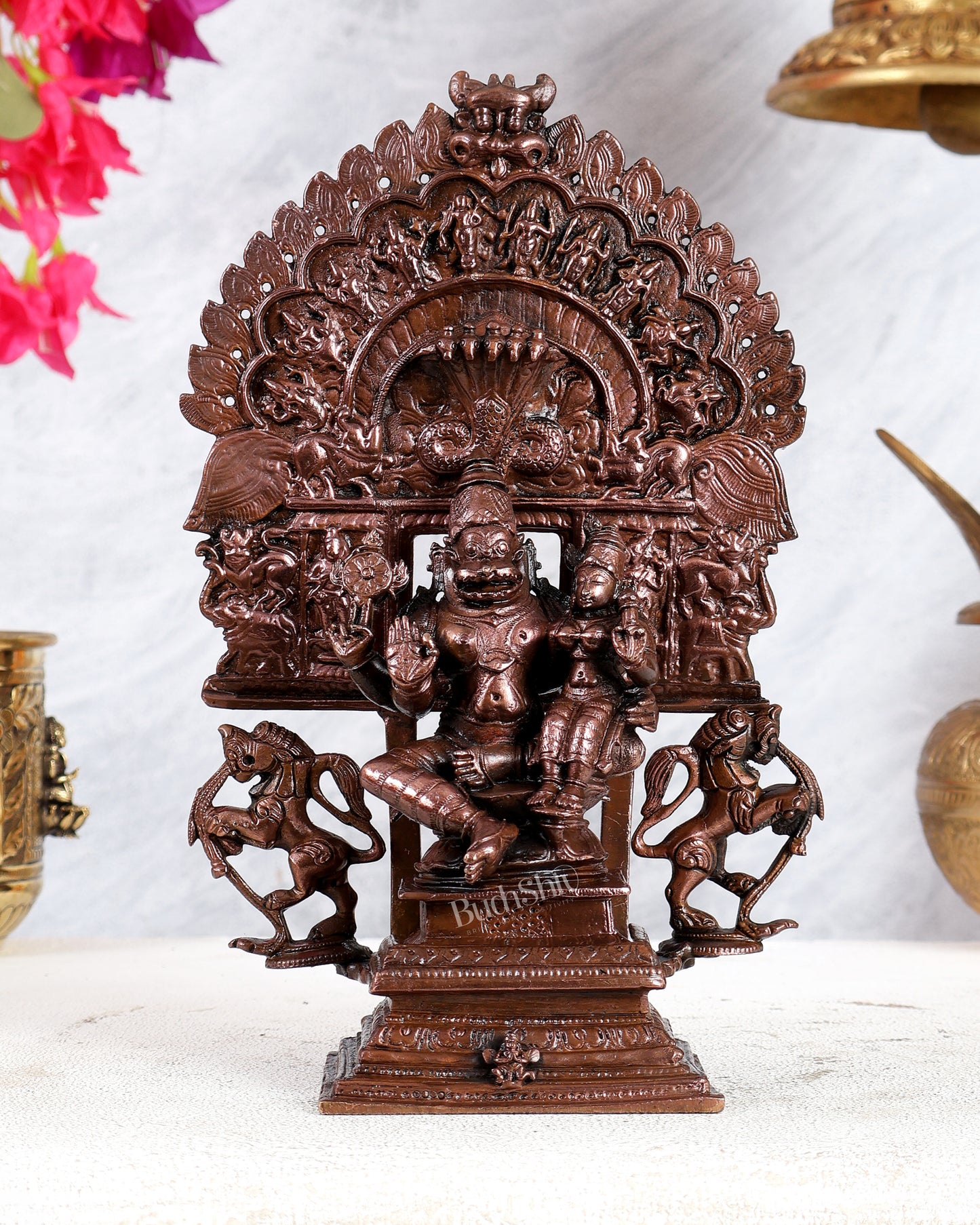 Pure Copper Lakshmi Narasimha Swamy with Dashavatar Peeta & Prabhavali – Divine Vishnu Avatar Sculpture (9 Inches)