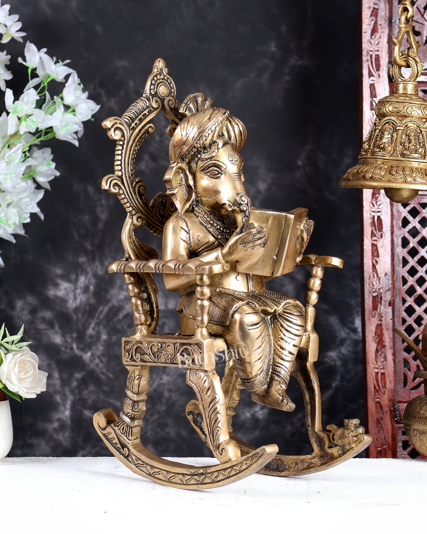 Brass Ganesha on Rocking Chair Reading Book Handcrafted Statue (17.5 Inch)