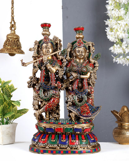 Brass Large Radha Krishna Statue on Same Base with meenakari Stonework 21 inch