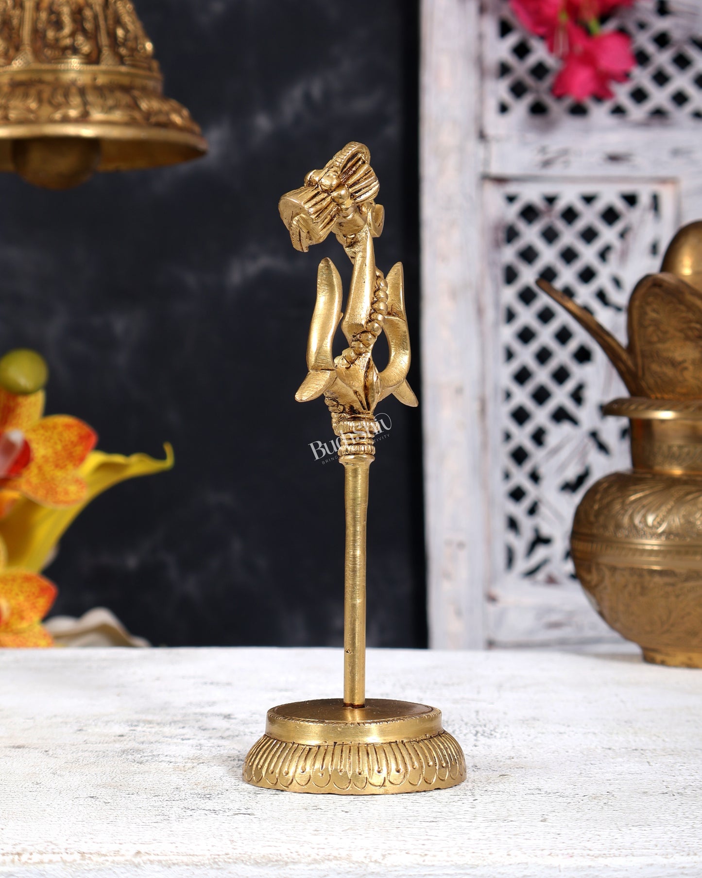 Brass Shiva Trishul with Damru and Om — Third Eye Carvings 7 inch