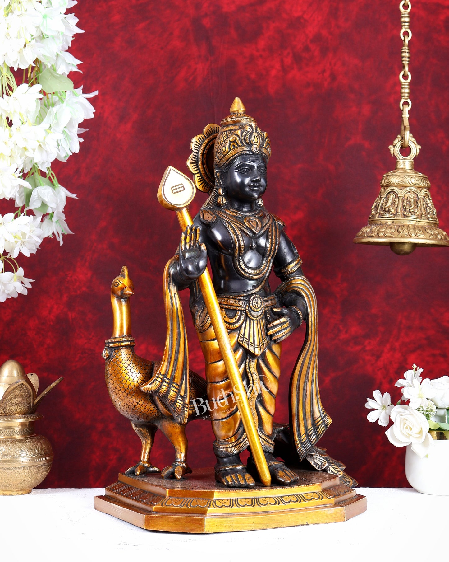 Large Brass Murugan Swamy with Peacock Idol – Black & Golden Finish Highly Detailed Lord Kartikeya Statue (20.5 Inch)