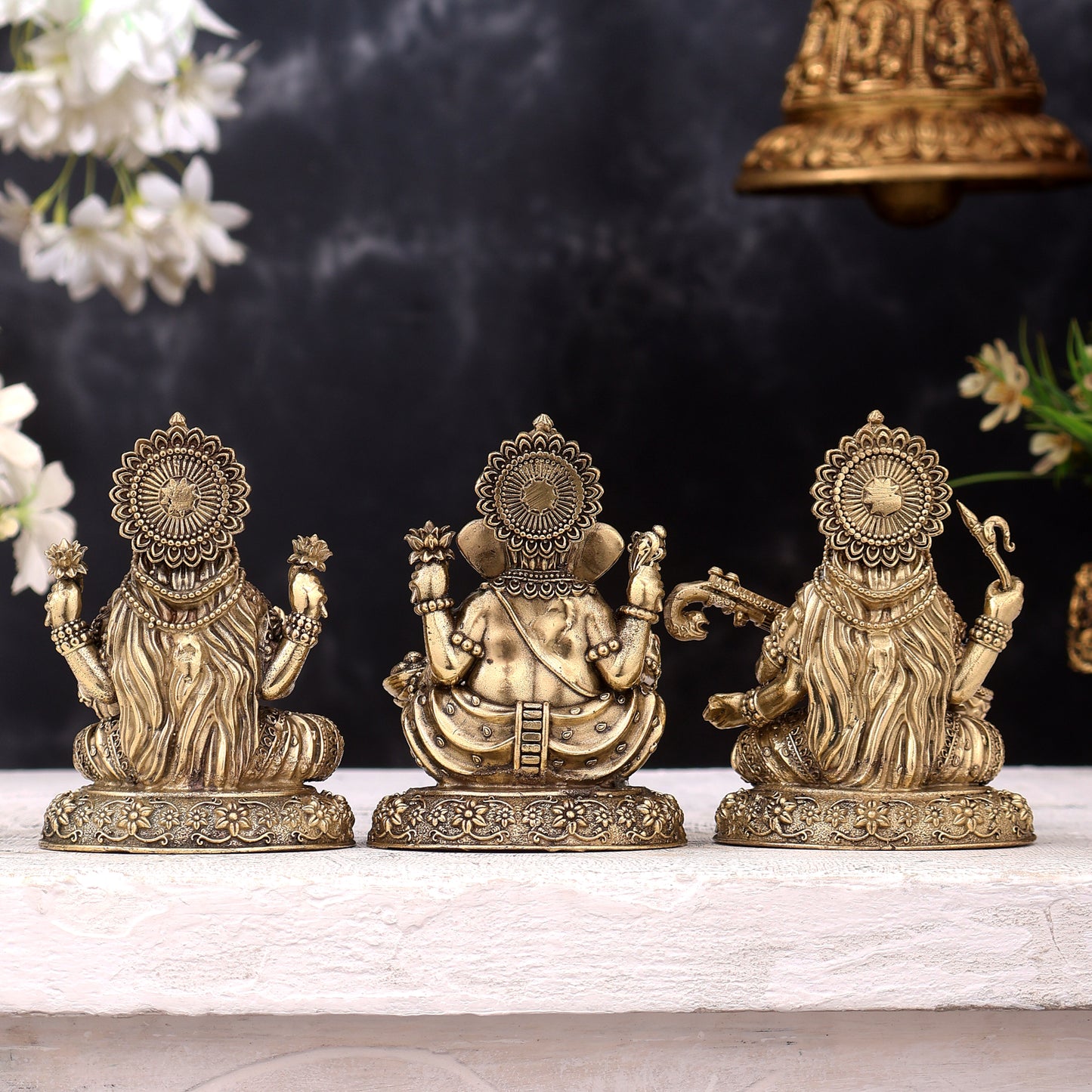 Brass Superfine Ganesh Lakshmi Saraswati Idols on Round Base — Highly Detailed 4 inch
