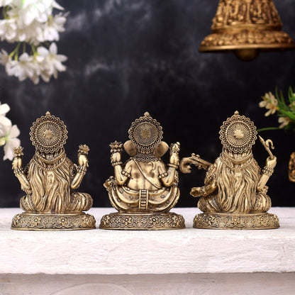 Brass Superfine Ganesh Lakshmi Saraswati Idols on Round Base — Highly Detailed 4 inch