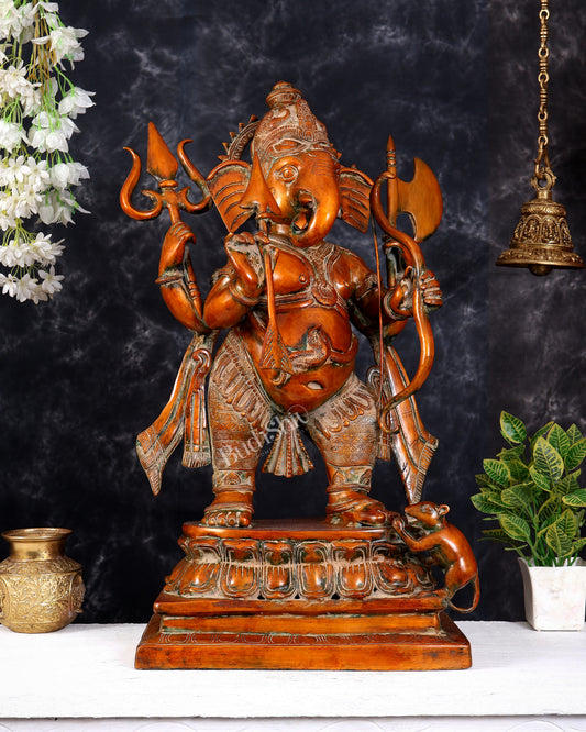 Brass Large Warrior Ganapati Sculpture — Antique Tone 28.5 inch