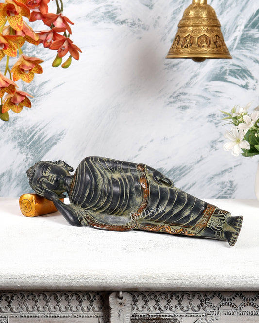 Brass Sleeping Buddha Statue – Vintage Black & Green Sand Finish Reclining Sculpture (13 Inches)