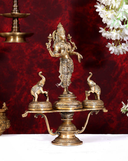 Brass standing Goddess Lakshmi with Two Elephants — Gajalakshmi Masterpiece 14.5 inch