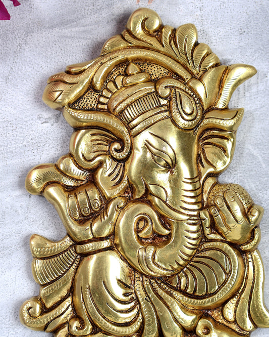 Brass Ganesha Sitting on Mouse Wall Hanging – Auspicious Handcrafted Lord Ganapati Wall Décor 10 inch