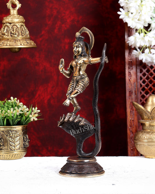 Krishna Dancing on Kaliya Naag Brass Idol 13" brown gold