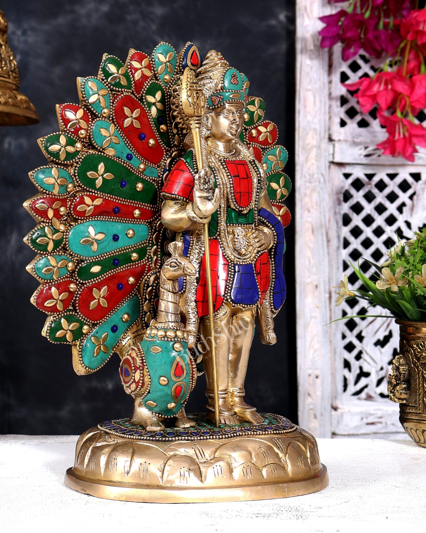 Brass Lord Murugan with Open-Wing Peacock Statue – Handcrafted Divine Idol 9.5 inch with Stonework