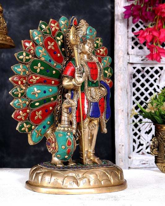 Brass Lord Murugan with Open-Wing Peacock Statue – Handcrafted Divine Idol 9.5 inch with Stonework