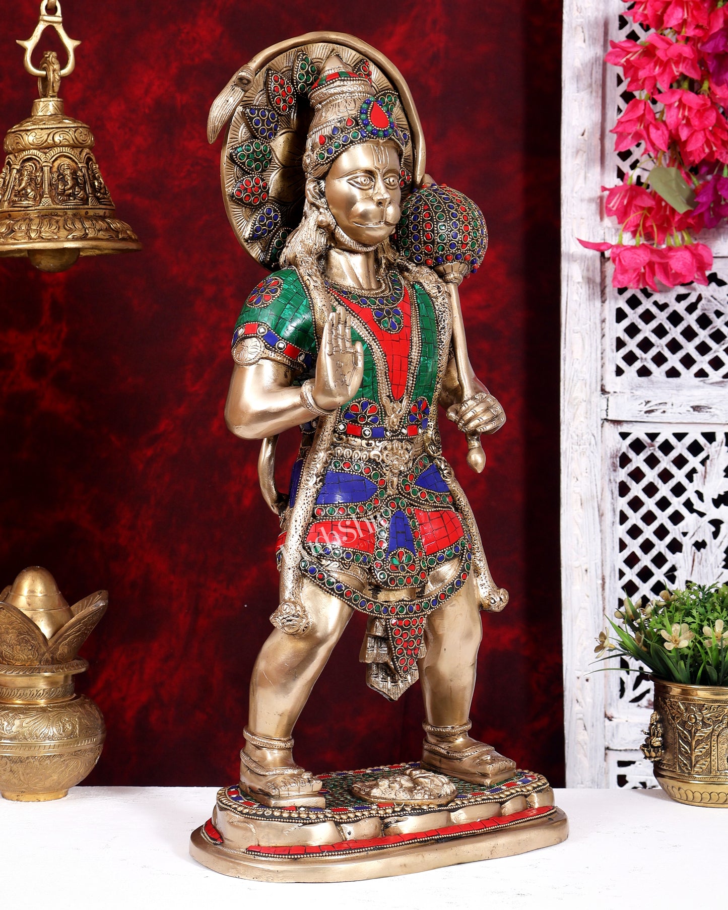 Pure Brass Standing Hanuman Statue 22 inch with Stonework