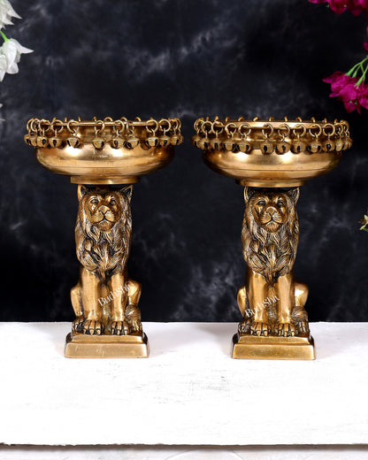 Brass Sitting Lion with Urli – Decorative & Auspicious Artefact 9.5 inch pair