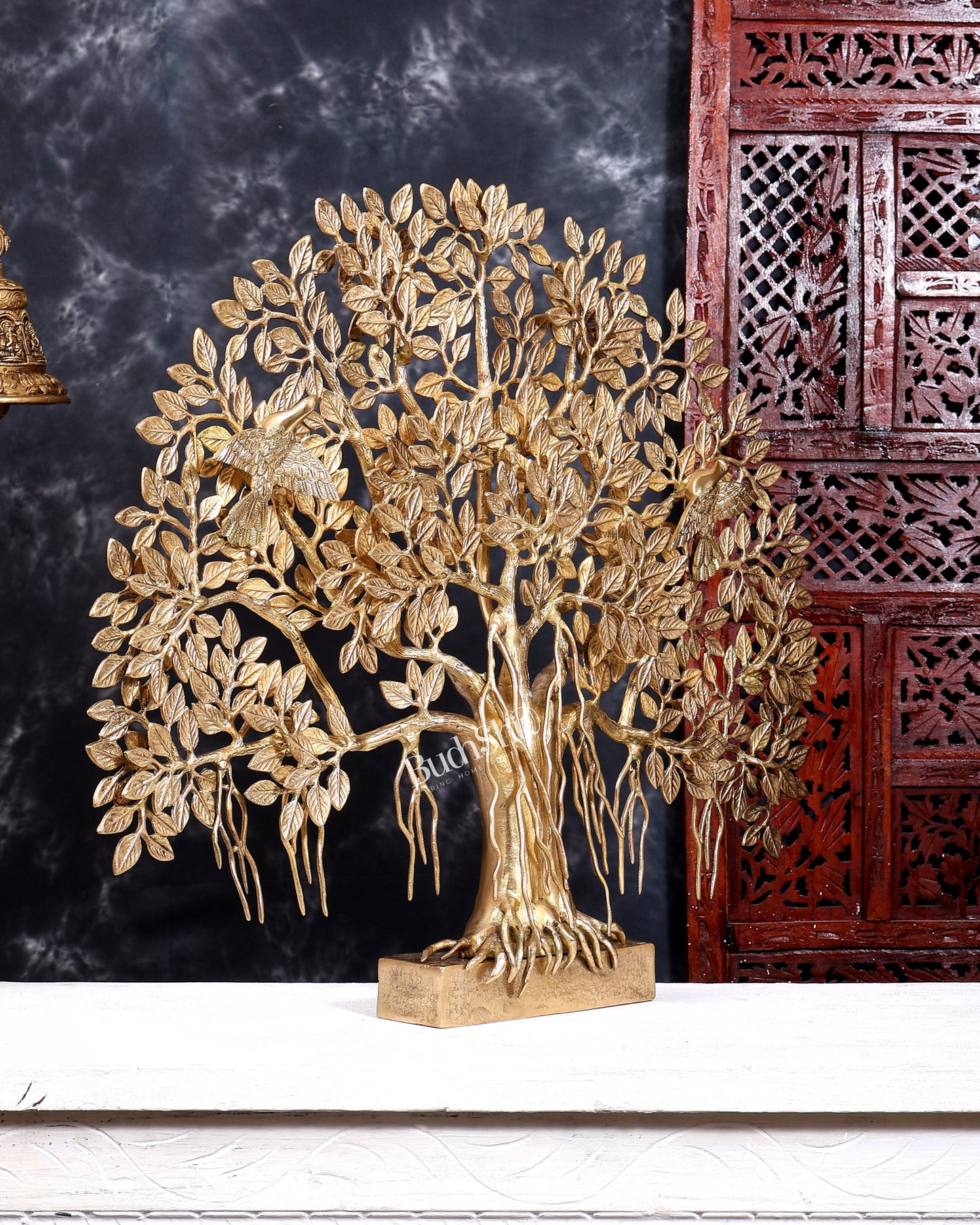 Brass Superfine Large Kalpavriksha Tree Tabletop Artefact | Birds & Hanging Roots 28 inch