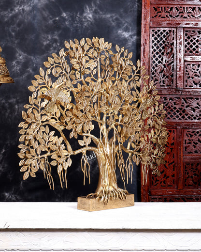Brass Superfine Large Kalpavriksha Tree Tabletop Artefact | Birds & Hanging Roots 28 inch