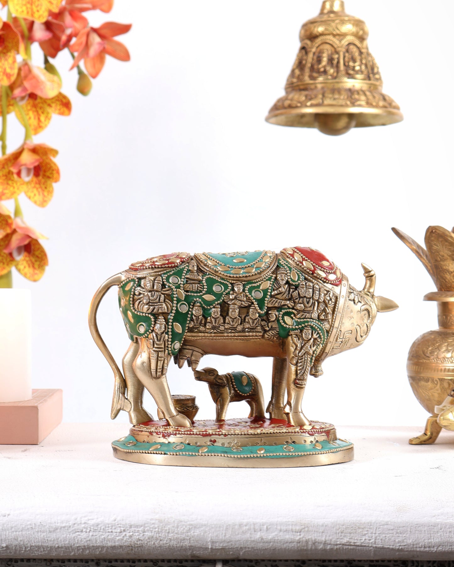 Pure Brass Superfine Kamadhenu Cow with Calf meenakari 6.5 inch