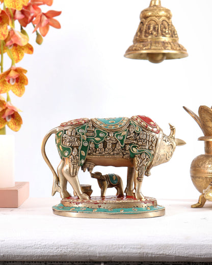 Pure Brass Superfine Kamadhenu Cow with Calf meenakari 6.5 inch