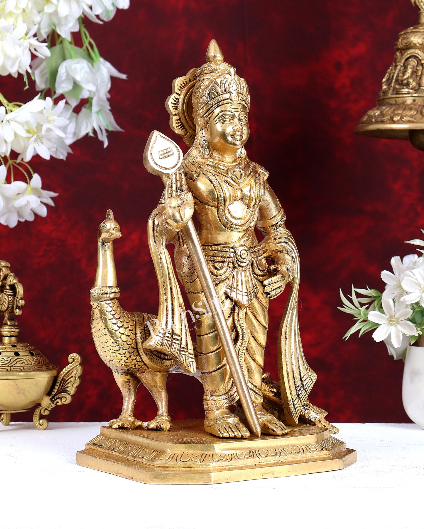 Brass Murugan Swamy with Peacock Idol – Highly Detailed Lord Kartikeya Statue (13 Inch)