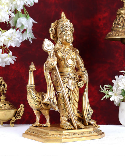 Brass Murugan Swamy with Peacock Idol – Highly Detailed Lord Kartikeya Statue (13 Inch)