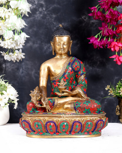 Pure Brass Buddha medicine Floral Stonework Statue - 13.5 inch