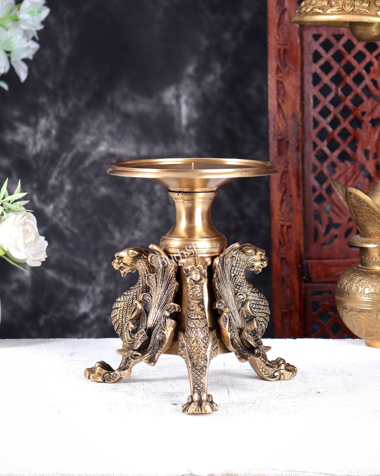 Brass Yali Candle Stand – Unique Mythical Creature Design Decorative Holder 7 inch