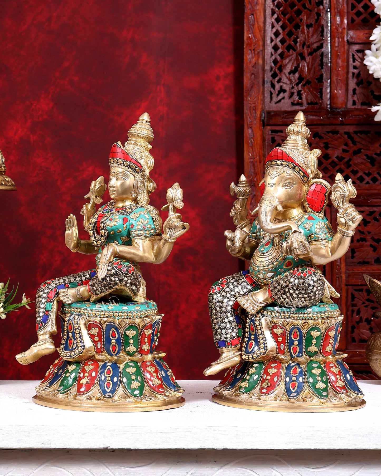Pure Brass Ganesh Lakshmi on Lotus Idols with stonework 15 inch
