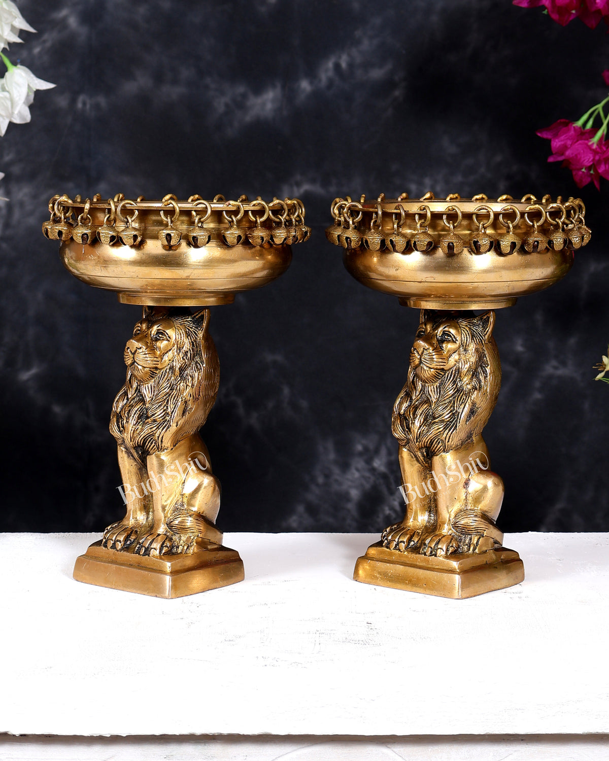 Brass Sitting Lion with Urli – Decorative & Auspicious Artefact 9.5 inch pair
