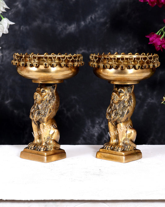 Brass Sitting Lion with Urli – Decorative & Auspicious Artefact 9.5 inch pair