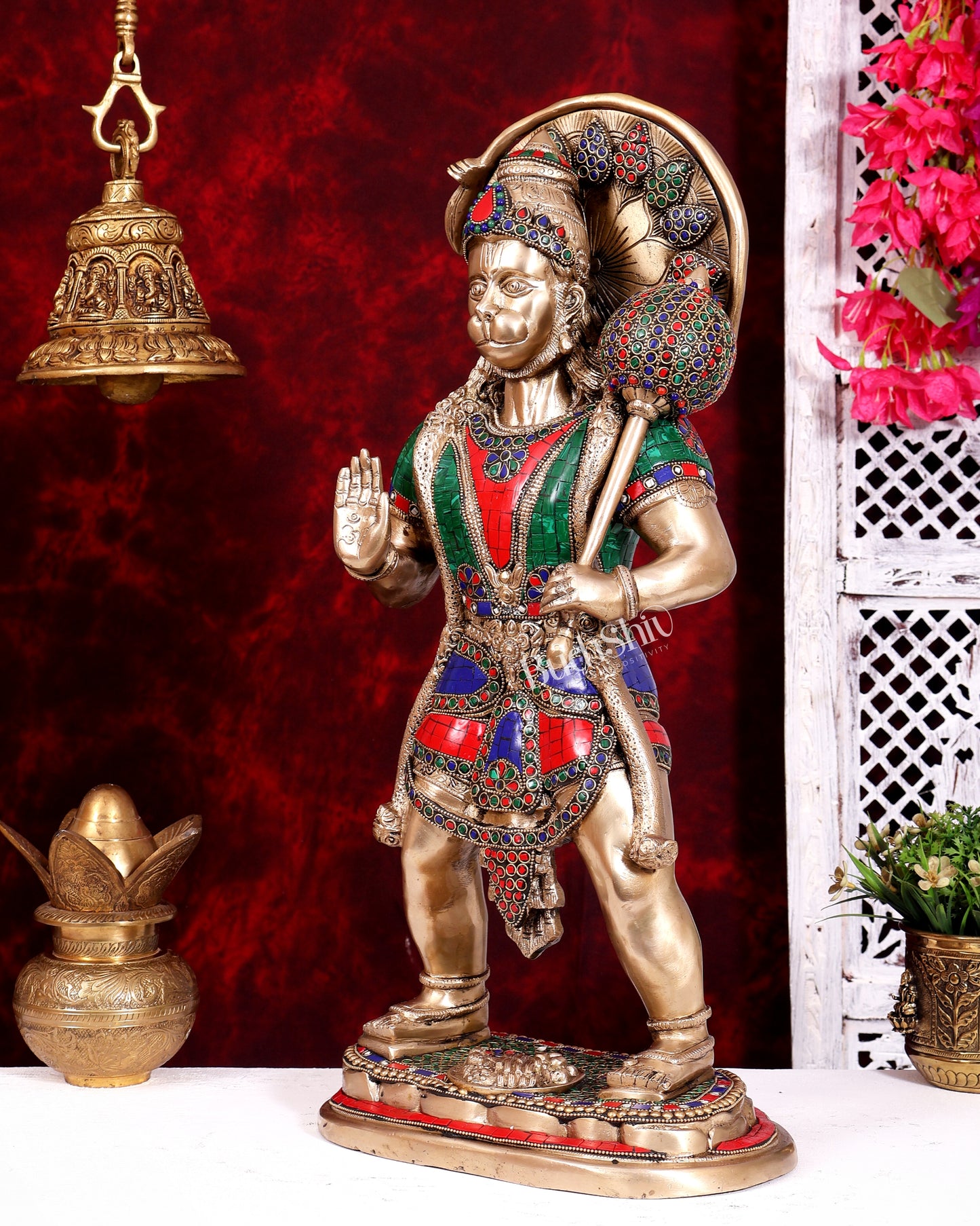 Pure Brass Standing Hanuman Statue 22 inch with Stonework