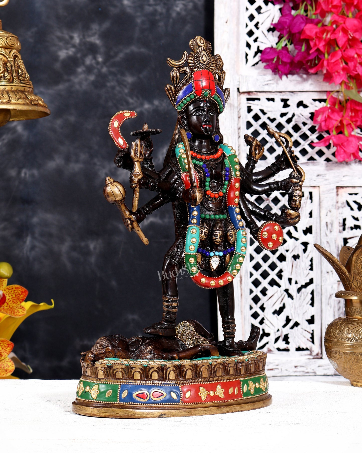 Pure Brass Vintage Goddess Kali Dashbhuja Idol | 14 inch with meenakari and shringaar