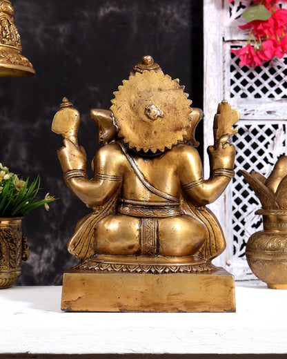 Brass Ganesha Unique Statue - Dull Gold Finish 11 inch