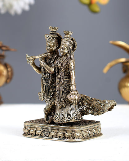 Brass Radha Krishna with Peacock Idol – Superfine Divine Miniature Statue (4 Inches)