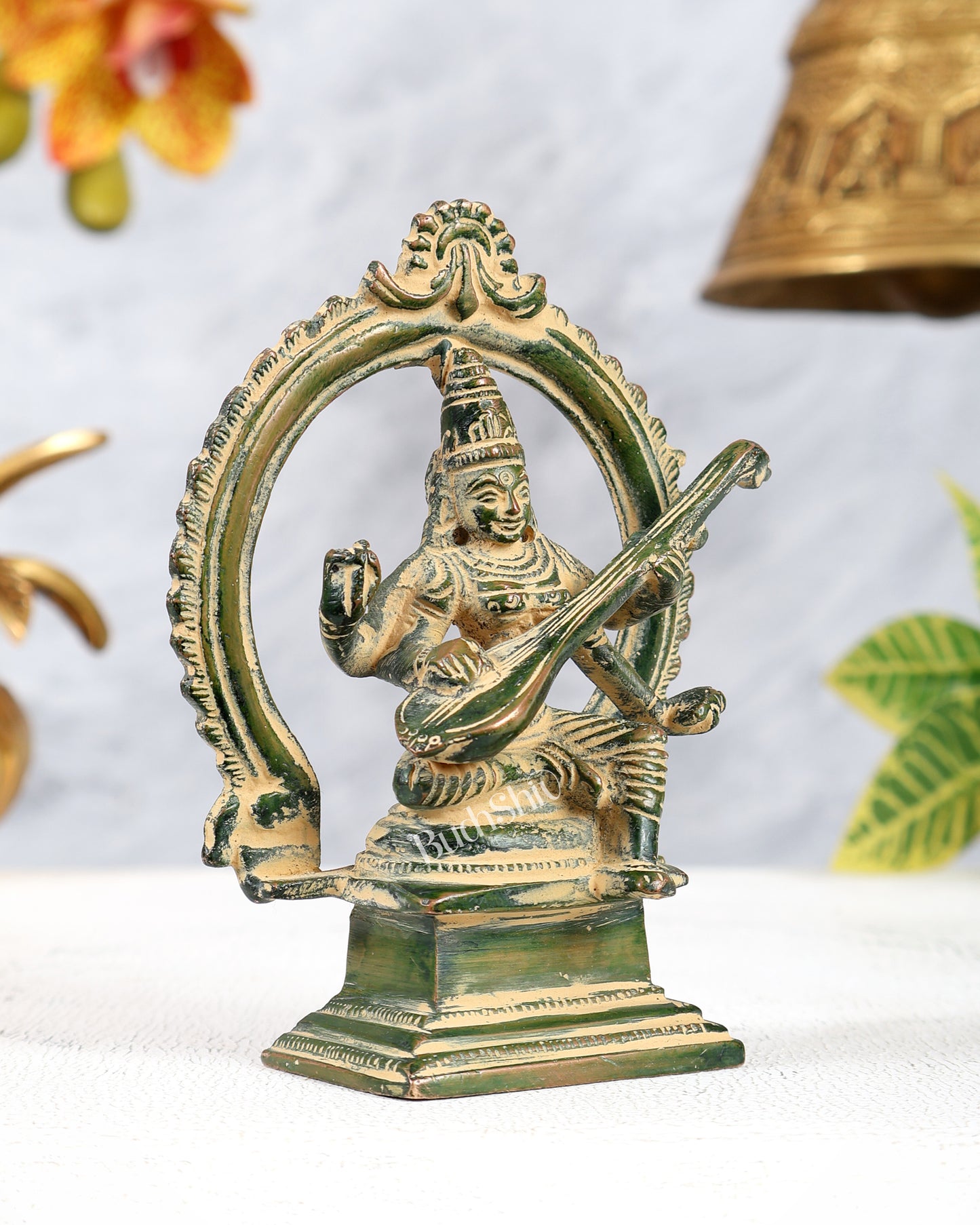 Brass Traditional Goddess Saraswati Idol – Vintage Green Sand Finish Miniature Statue (4.3 Inches)