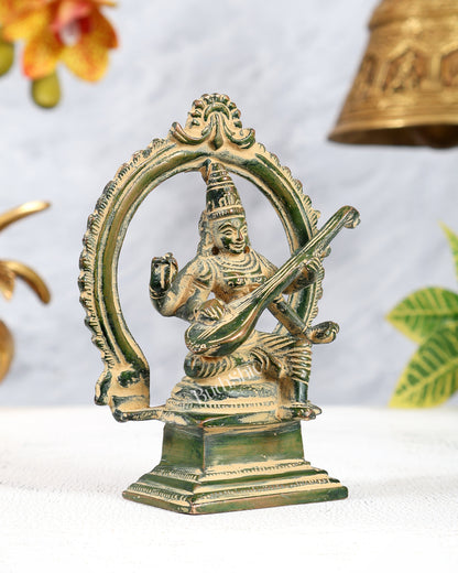 Brass Traditional Goddess Saraswati Idol – Vintage Green Sand Finish Miniature Statue (4.3 Inches)