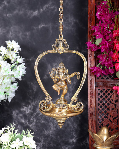 Brass Dancing Ganesha Oil Lamp – Vintage Hanging Deepam with Chain 38 inch