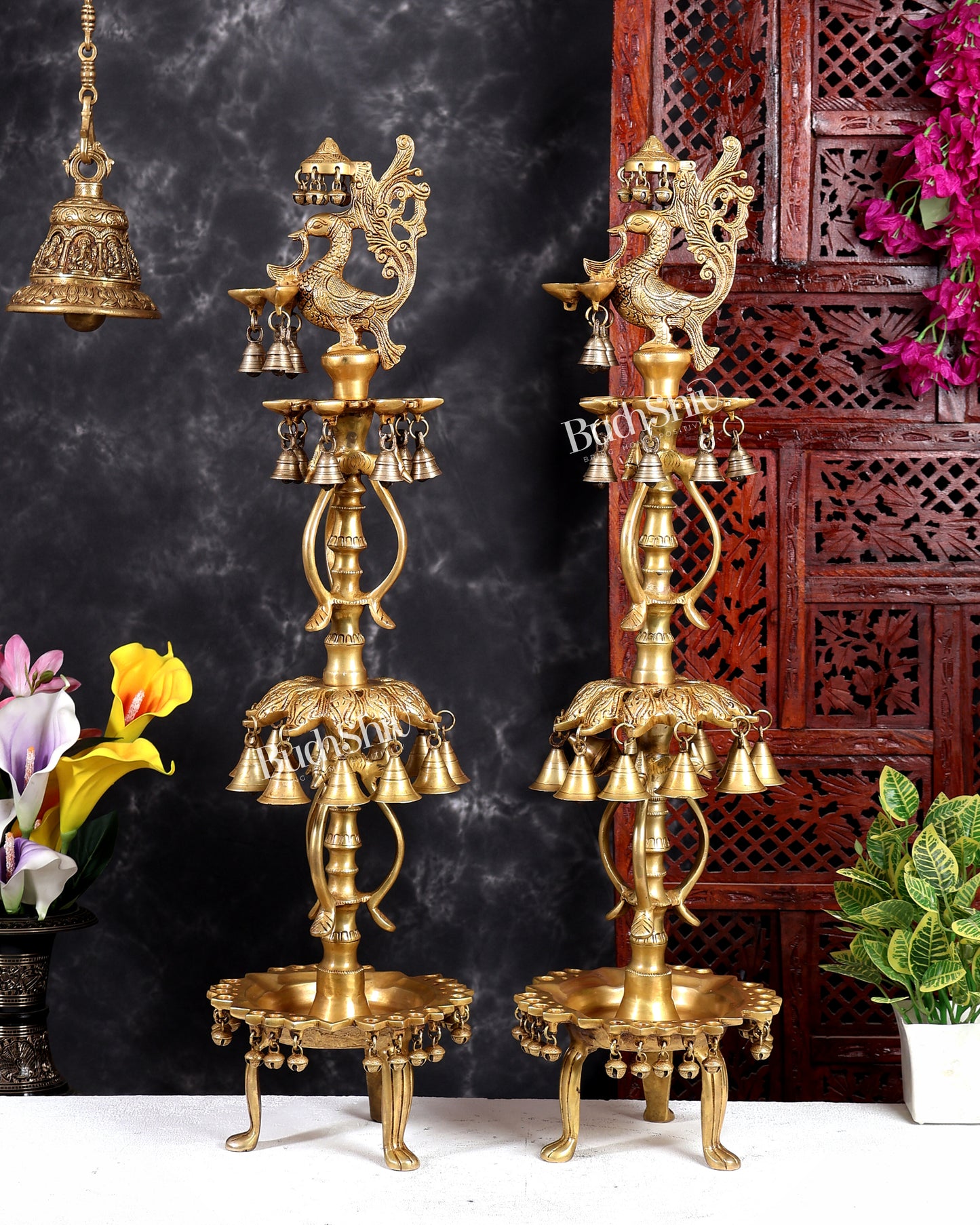 Brass Peacock Oil Lamp with Bells & Multiple Diyas Pair – Grand Traditional Temple Samai Deepam 34 inch