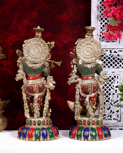 Brass Radha Krishna Idols on Lotus Base – Fine Craft Divine Pair (21 Inch) meenakari Stonework