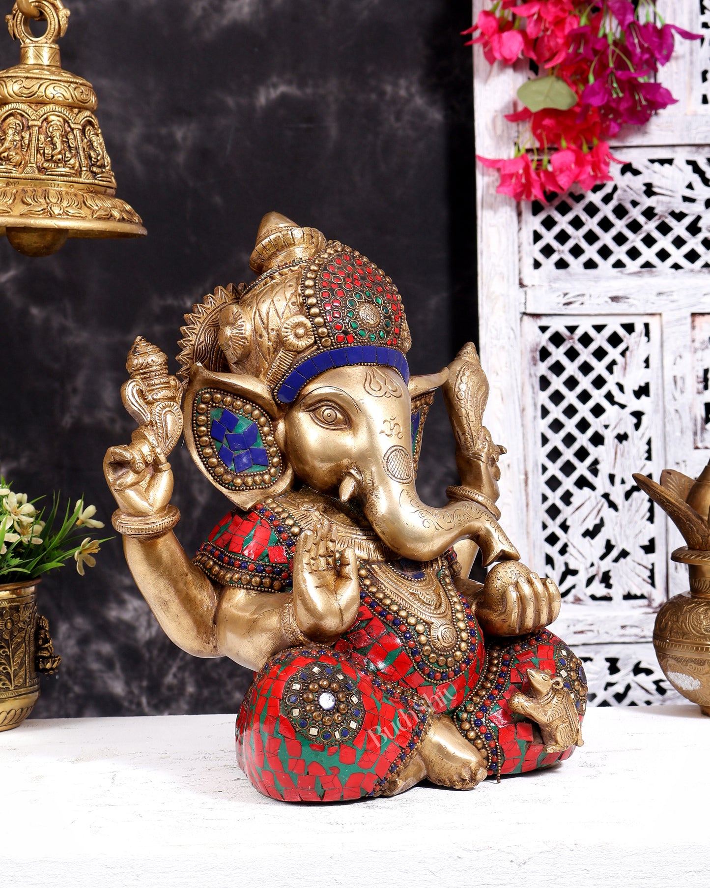 Ganesha Brass Idol with Mosaic Stonework - 12 inch