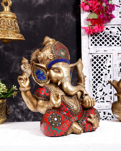 Ganesha Brass Idol with Mosaic Stonework - 12 inch