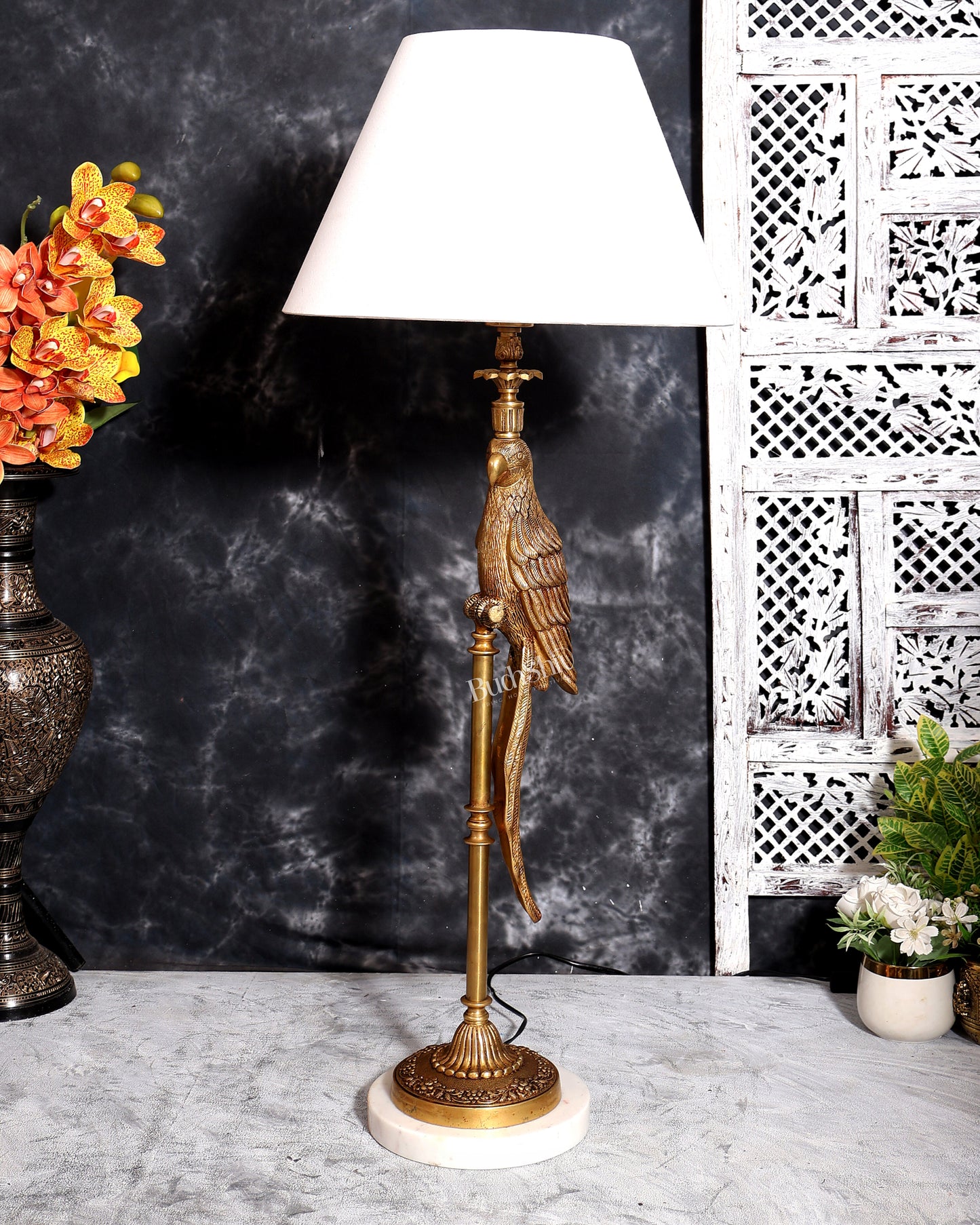 Suvarna Shuka — Designer Brass Parrot Table Lamp with White Shade & Marble Base