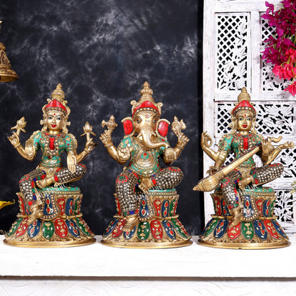 Brass Ganesha, Lakshmi, and Saraswati Idols on Lotus Base 15 inch with shringar and meenakari