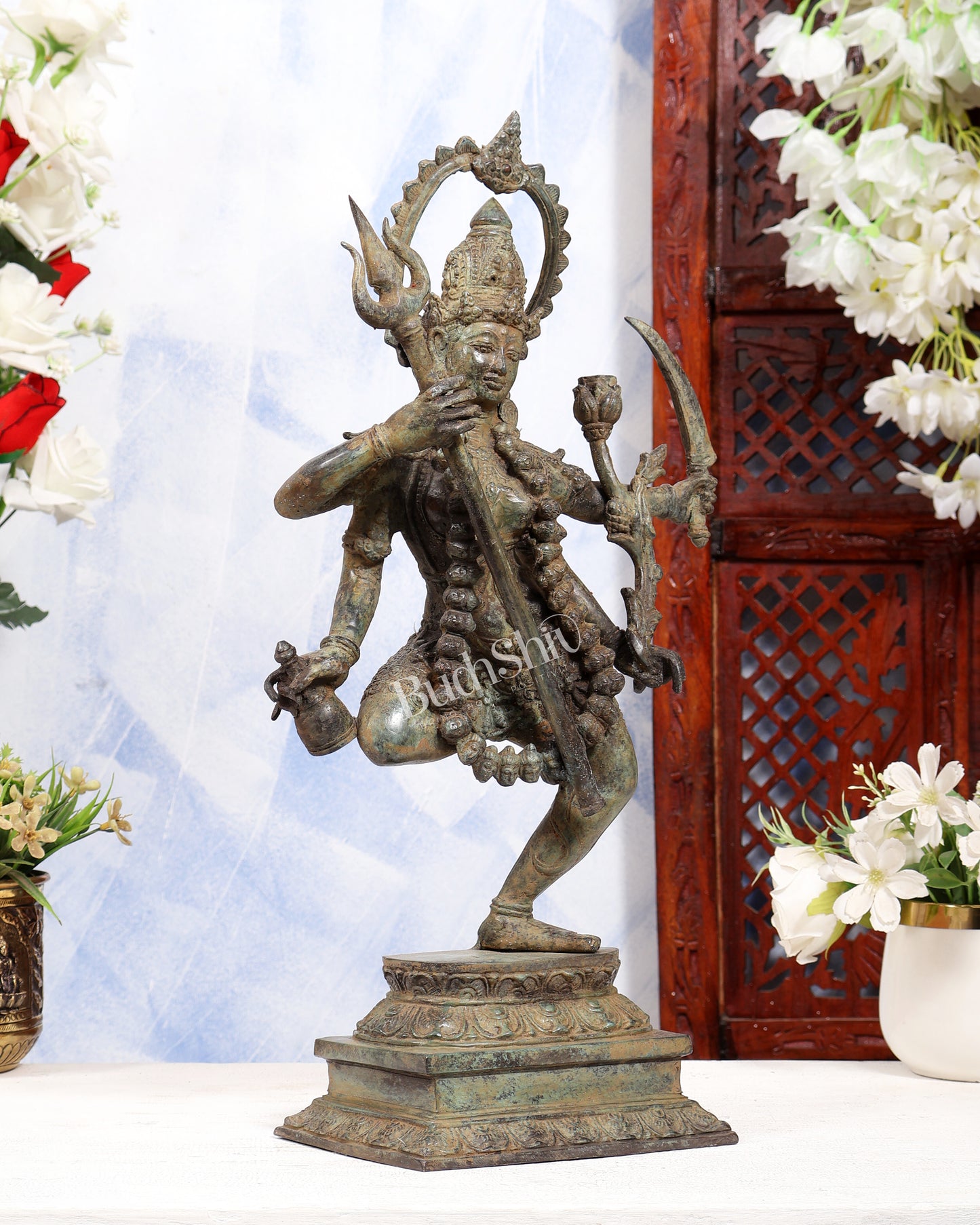Indonesian Bronze Rare Dancing Mahakali Ma Statue | Height: 16.5 inch green patina